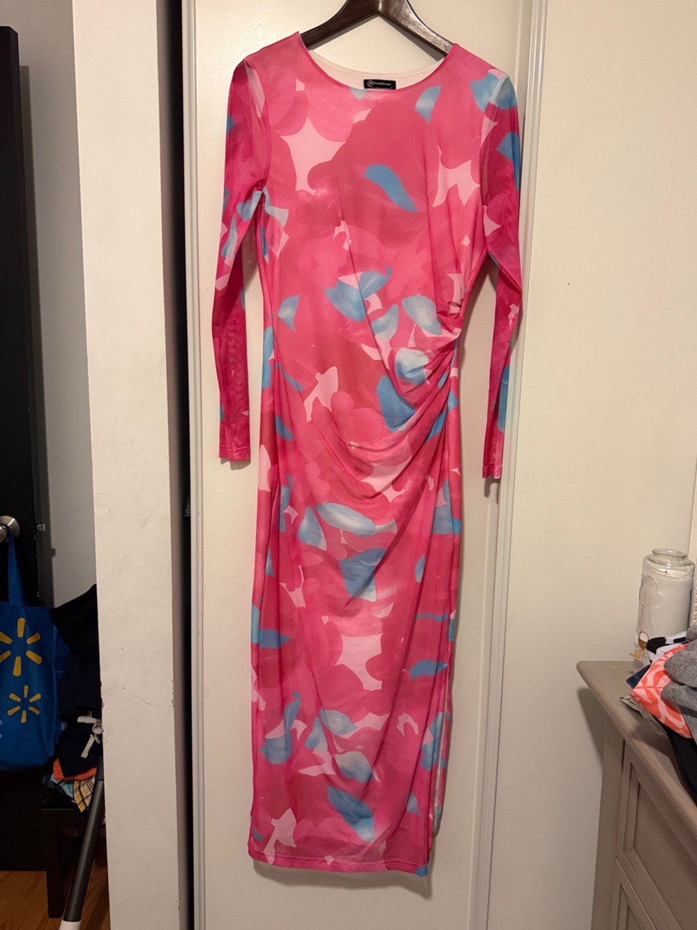 Ruched Pink & Blue Patterned Long Sleeve Maxi Dress